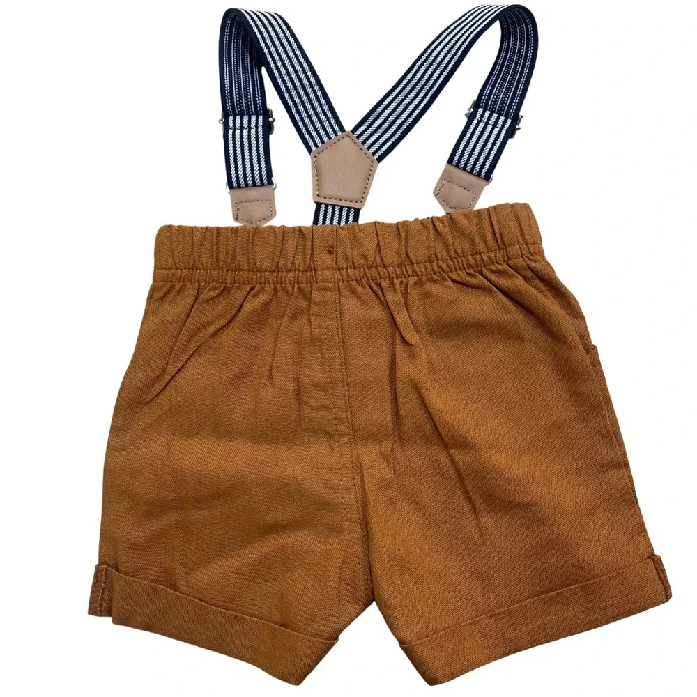 Disney Baby Winnie The Pooh Brown Linen Blend Shorts & Suspenders Size‎ 0-3M